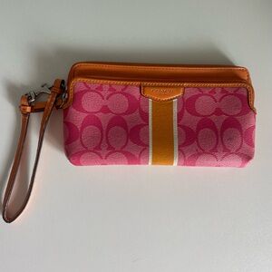 Coach Signature Wristlet Strawberry Pink Orange White Stripe Coated Canvas Bag